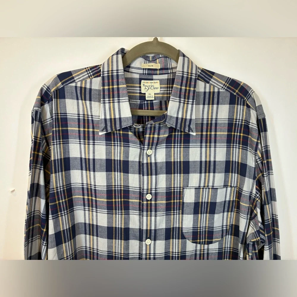 J. Crew Indian Madras Plaid Shirt Mens XL Slim Fit Blue Yellow Button Down